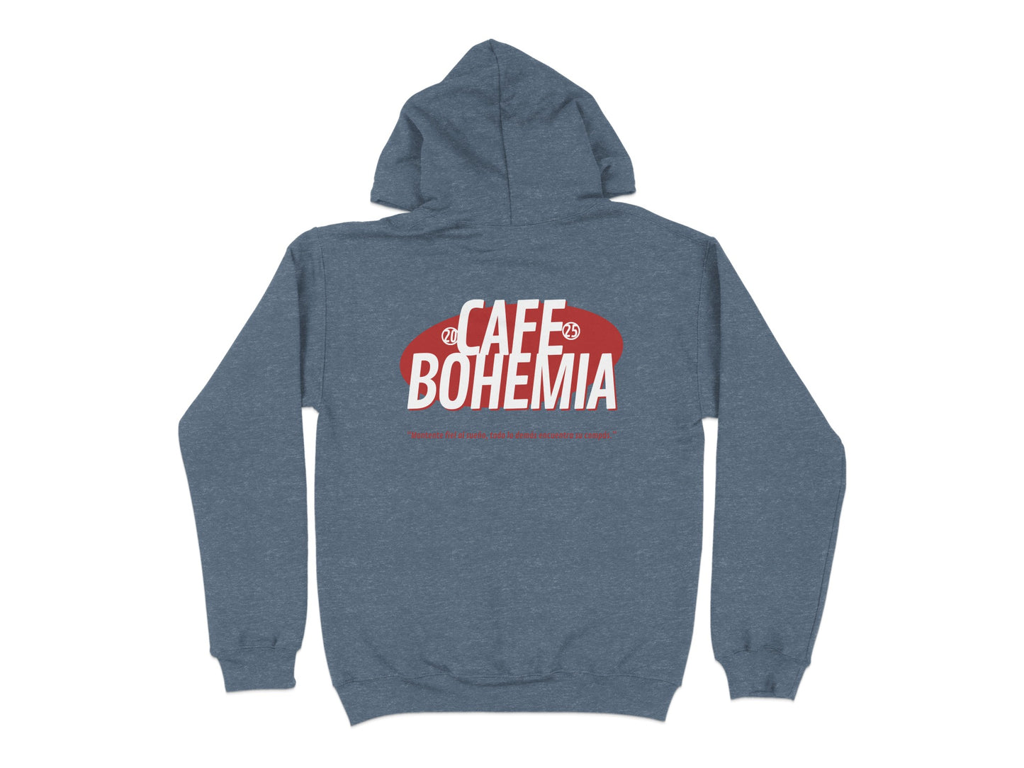 Stylish Blue Cafe Bohemia Hoodie with Bold Red Logo