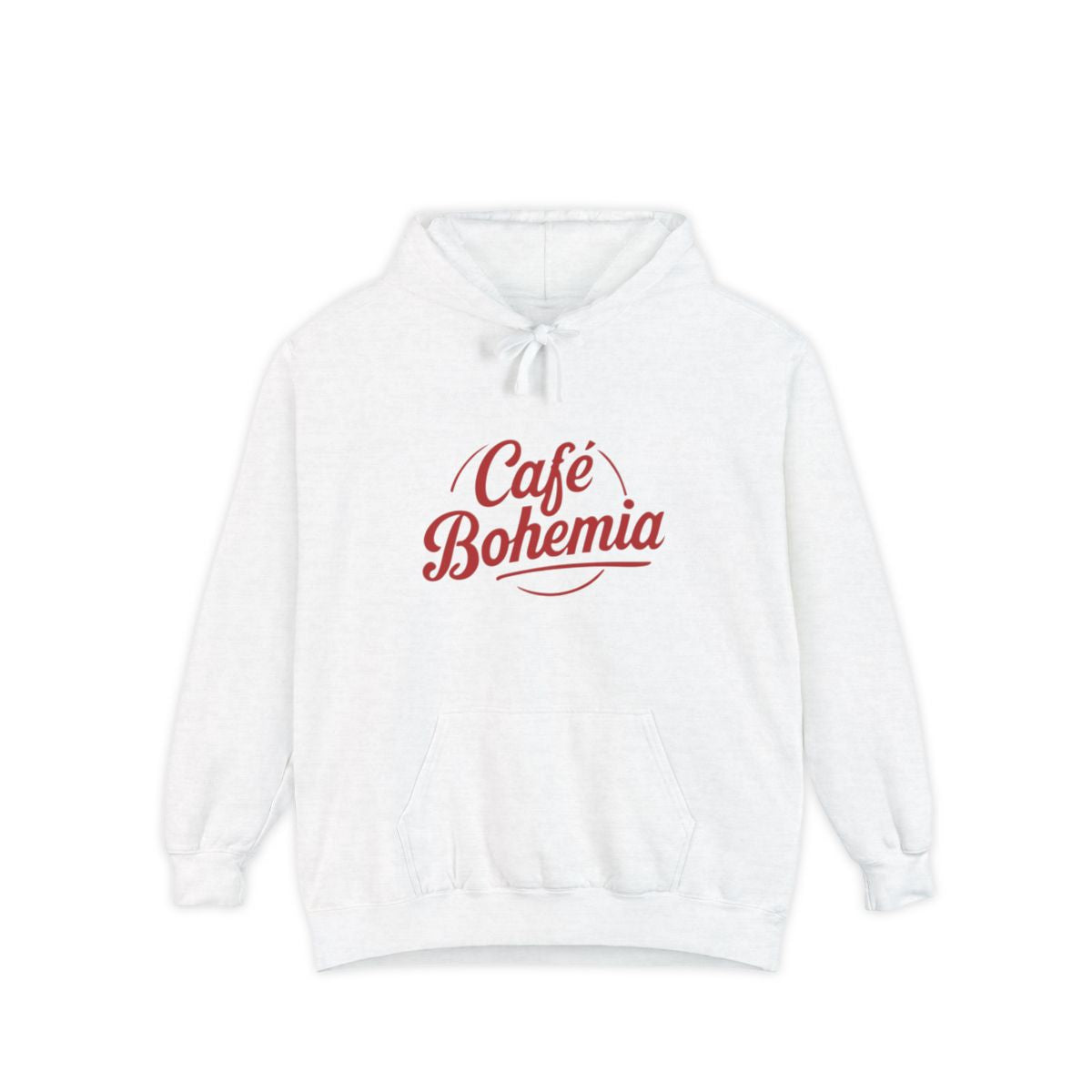 Cozy White Hoodie with Café Bohemia Printed Design