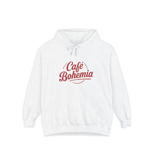 Cozy White Hoodie with Café Bohemia Printed Design