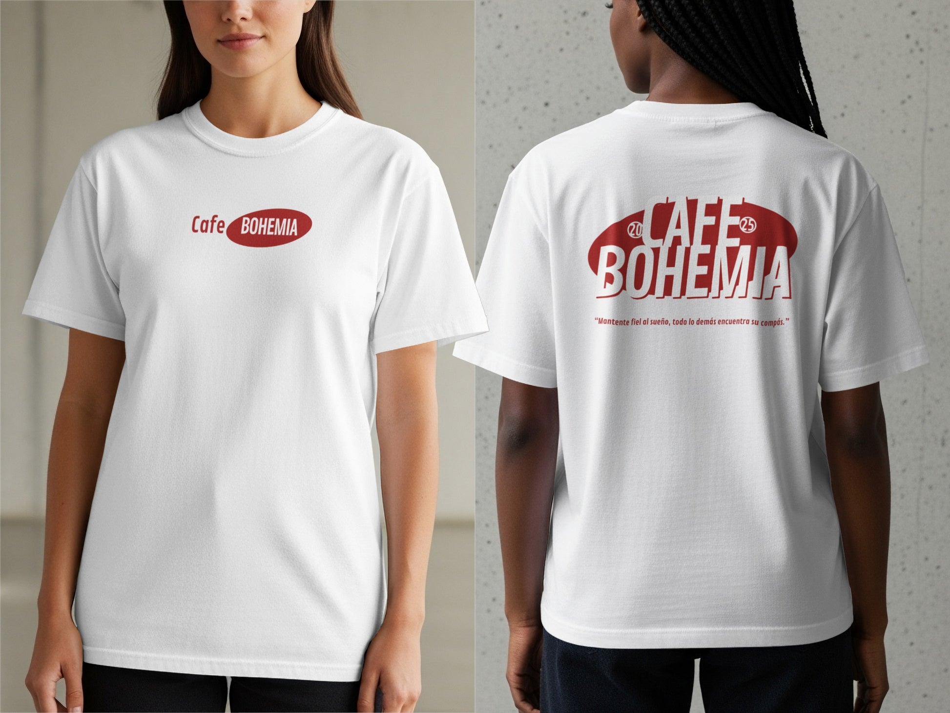 Cafe Bohemia logo tee with bold red text design