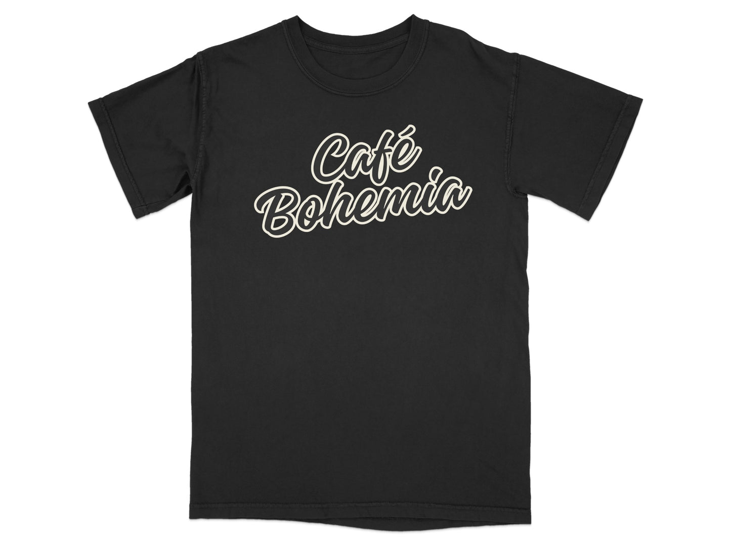 Café Bohemia script font black shirt product type
