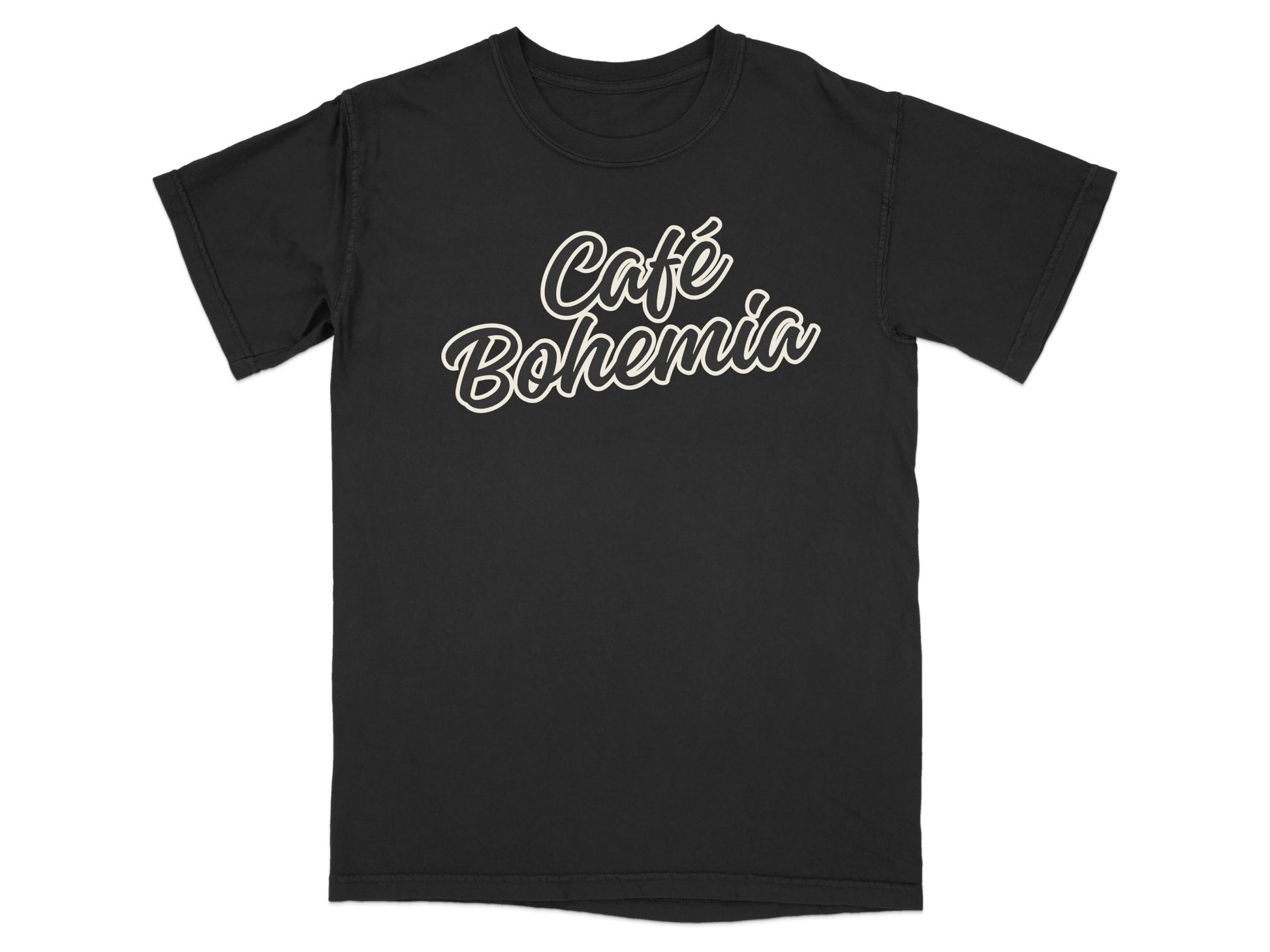 Café Bohemia script font black shirt product type