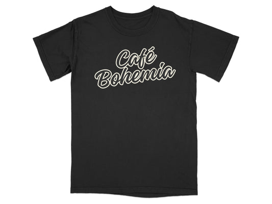 Café Bohemia script font black shirt product type