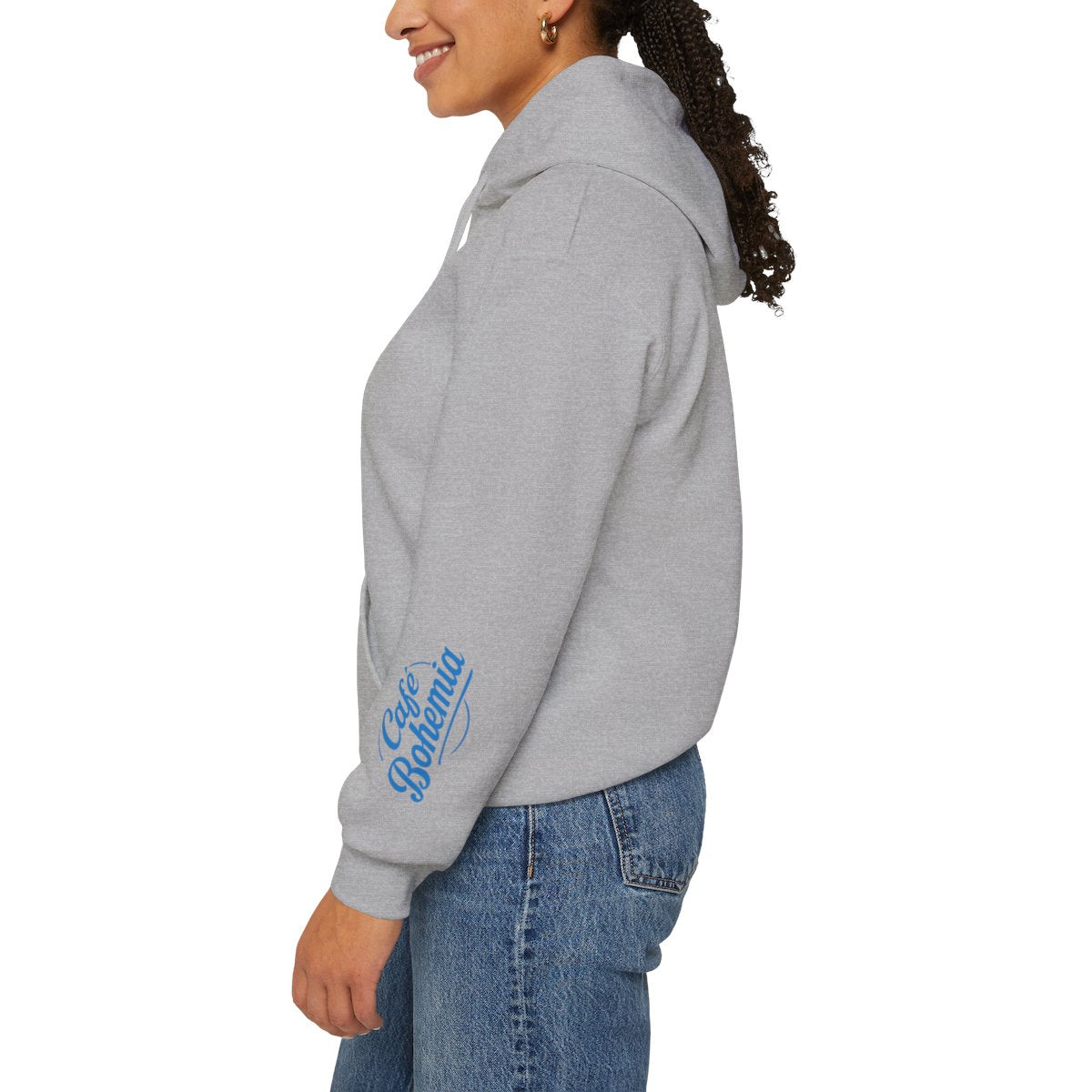Cozy Bohemia Blue Text Print Grey Hooded Sweatshirt